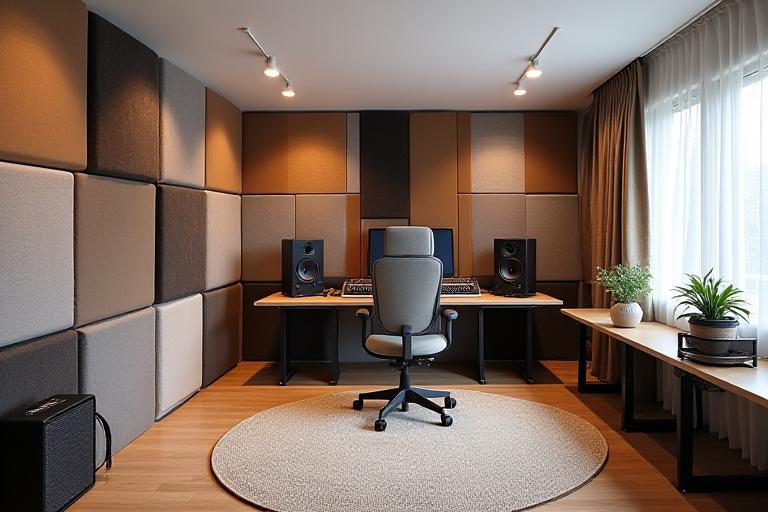 Diseño de estudio de grabación con paneles acústicos y mobiliario moderno