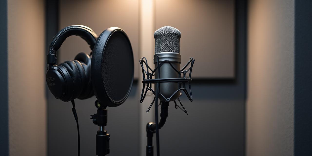 Cabina de grabación vocal insonorizada en Canela Wave con micrófono de condensador.