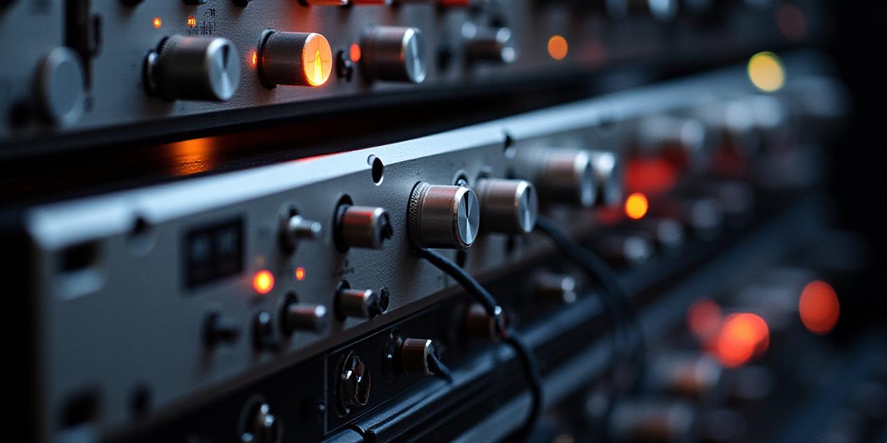 Rack de equipos de audio profesional, incluyendo preamplificadores y procesadores.