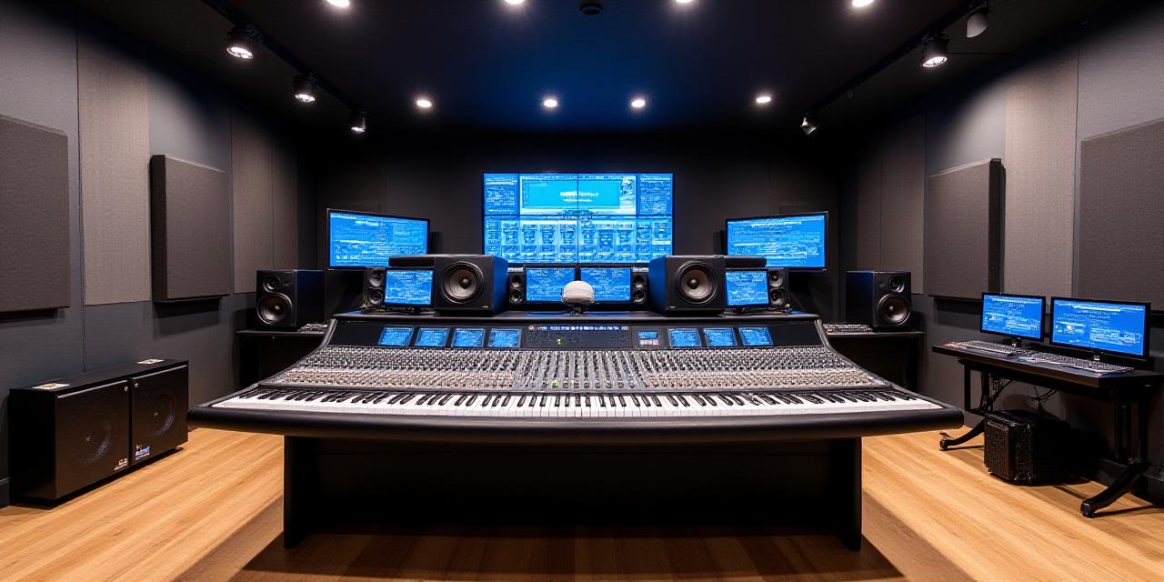 Sala de control principal de Canela Wave con equipo de mezcla y monitores de estudio de alta gama.