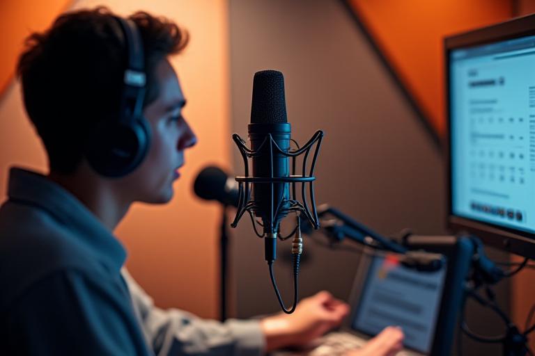 Cabina de grabación de podcast con micrófono y auriculares