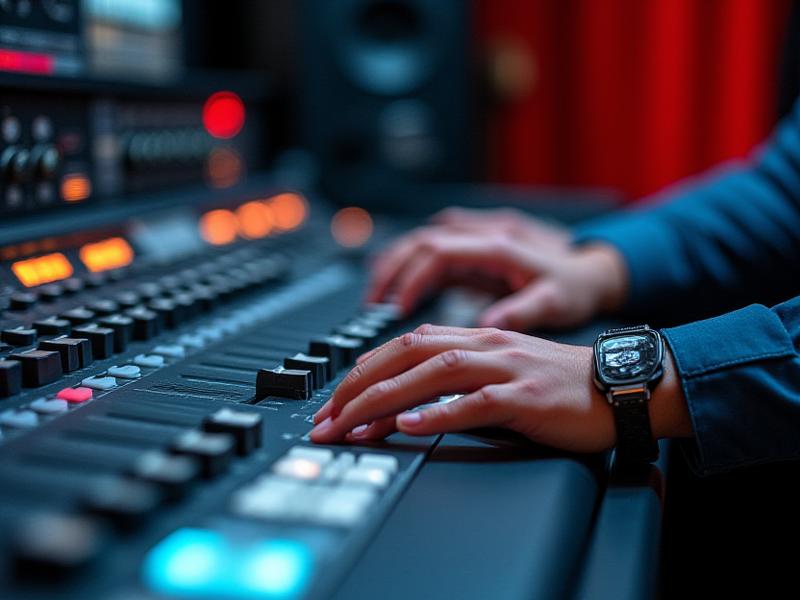 Ingeniero de audio ajustando una consola de mezcla en un estudio de grabación profesional