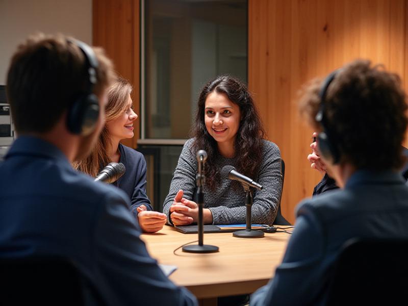 Sesión de grabación de entrevistas en un estudio de podcast