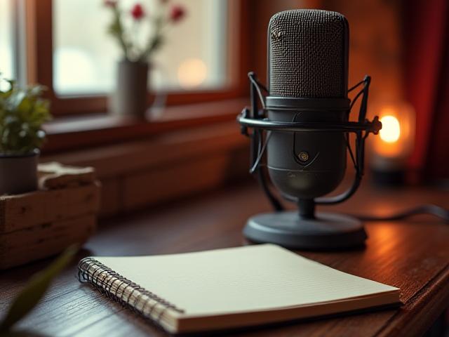 Imagen representativa de un podcast narrativo con un micrófono vintage