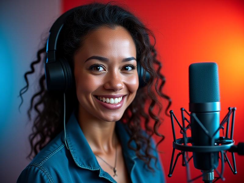 Locutor grabando en un estudio profesional con micrófono de diafragma grande