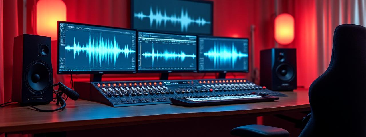Mezcladora de audio profesional y micrófonos de estudio